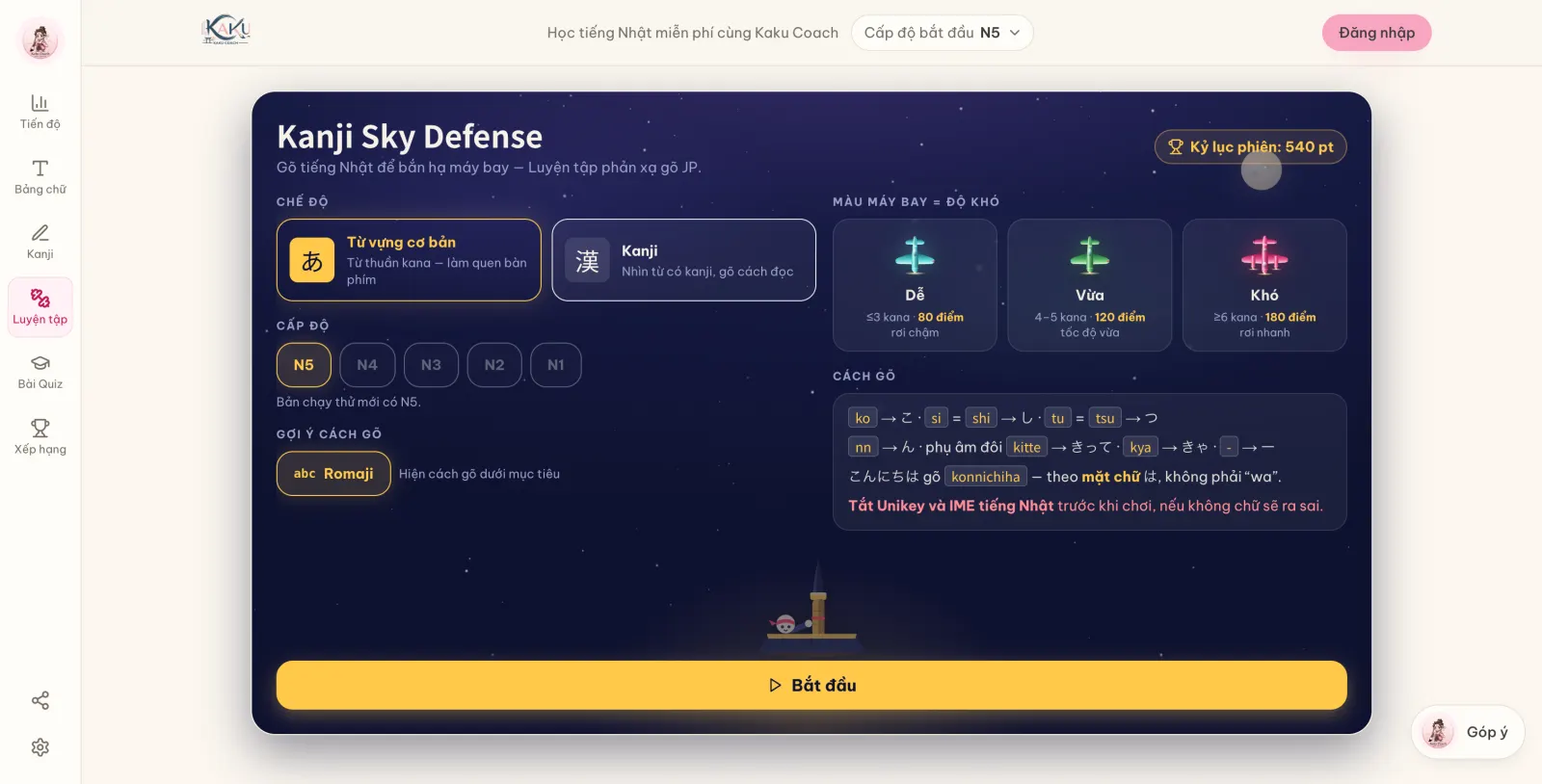 Màn chọn chế độ của game Kanji Sky Defense: chọn từ vựng kana hoặc kanji, chọn cấp JLPT và xem bảng hướng dẫn gõ romaji